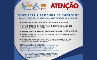 MAIS BRASIL TRAZ CURSOS SEM MENSALIDADES PARA MACAÚBAS E BOQUIRA COM AULAS SOMENTE AOS SÁBADOS