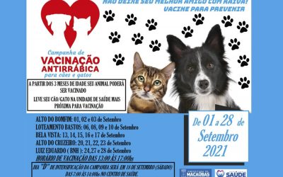 CAMPANHA DE VACINAÇÃO ANTIRRÁBICA PARA CÃES E GATOS ESTÁ SENDO REALIZADA NESTE MÊS DE SETEMBRO