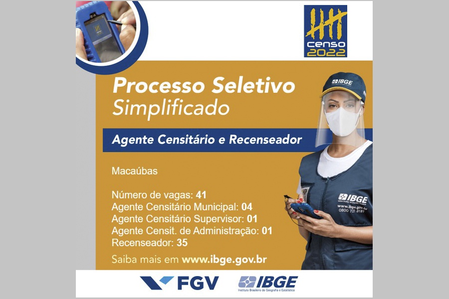 41 VAGAS PARA MACAÚBAS: IBGE ABRE INSCRIÇÕES PARA O PROCESSO SELETIVO SIMPLIFICADO 2022