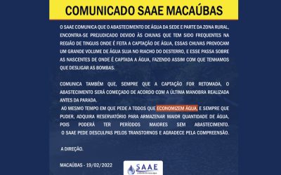 NOTA DO SAAE DE MACAÚBAS SOBRE O ABASTECIMENTO DE ÁGUA