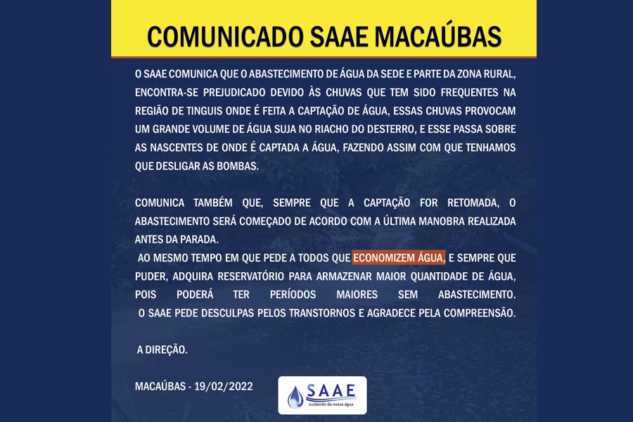 NOTA DO SAAE DE MACAÚBAS SOBRE O ABASTECIMENTO DE ÁGUA