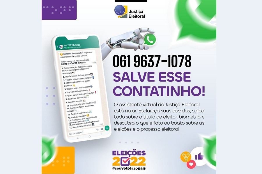 JUSTIÇA ELEITORAL LANÇOU, EM 2022, O NOVO ASSISTENTE VIRTUAL NO APLICATIVO DE MENSAGENS WHATSAPP!