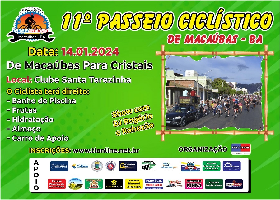 VEM AÍ O 11º PASSEIO CICLÍSTICO MACAÚBAS CRISTAIS