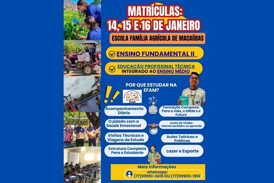 MATRÍCULAS ABERTAS NA EFAM: EDUCAÇÃO DE QUALIDADE E FORMAÇÃO PROFISSIONAL EM MACAÚBAS